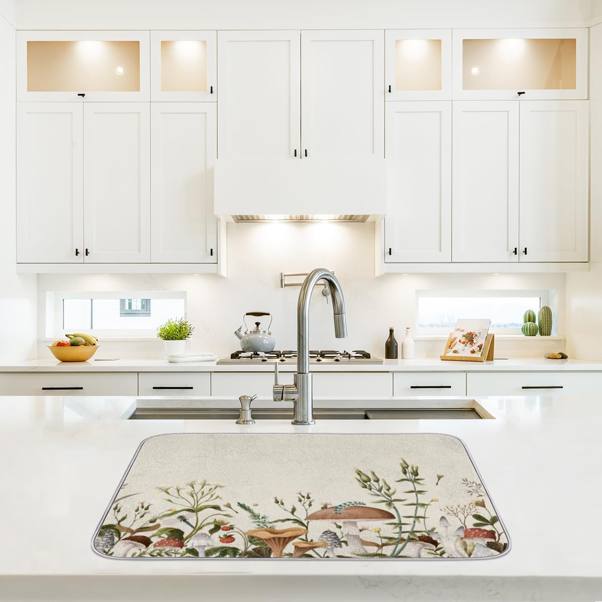 Hexteria Dish Drying Mat for Kitchen Counter Kitchen Drying Mat Dish Rack Mat Dish Drainer Pad Microfiber Absorbent Washable Drying Pad for Countertop, Mushroom