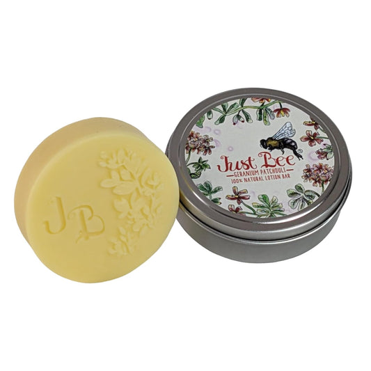 Just Bee Lotion Bar 100% Natural Organic Naturally Gathered Beeswax Patchouli Geranium