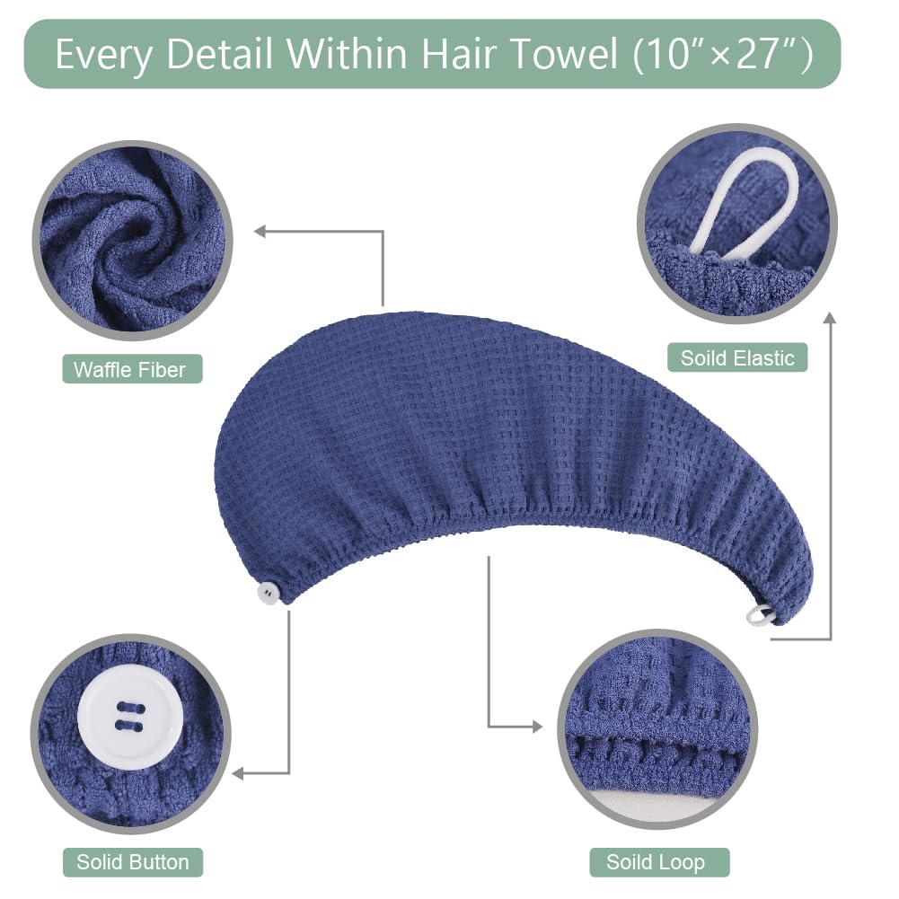 Microfiber Hair Drying Towel - 2Packs Waffle Long Hair Head Turban Wraps Terry Cloth Fast Absorbent Dry Anti Frizz Twist Plopping Curly Shower Turban for Women Wet Hair (Dark Blue)