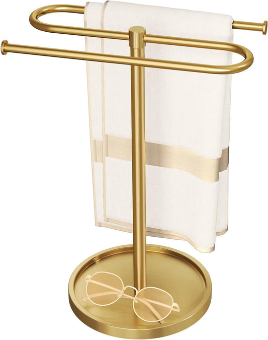 Bathroom Hand Towel Holder Stand Gold, S-Shape Countertop Towel Standing, Stainless Steel Towel Rack Bar Holds 2 Towels for Kitchen