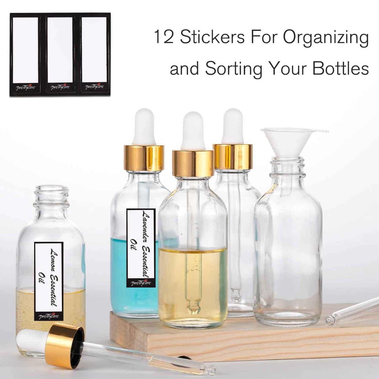 PrettyCare 4 Pack 1oz Dropper Bottles for Essential Oils, 30 ml Clear Glass Essential Oils Bottles with Labels, Funnels- Empty Leak Proof Tincture Bottles for Personal Care & Beauty