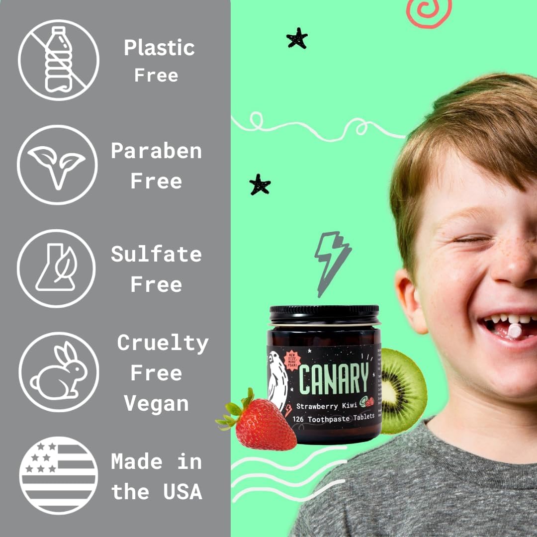 Canary Nano Hydroxyapatite Toothpaste Tablets Strawberry Kiwi - Remineralizing, Fluoride Free, All Natural Tabs with Xylitol - Great for Kids, Plastic Free - 240 Count