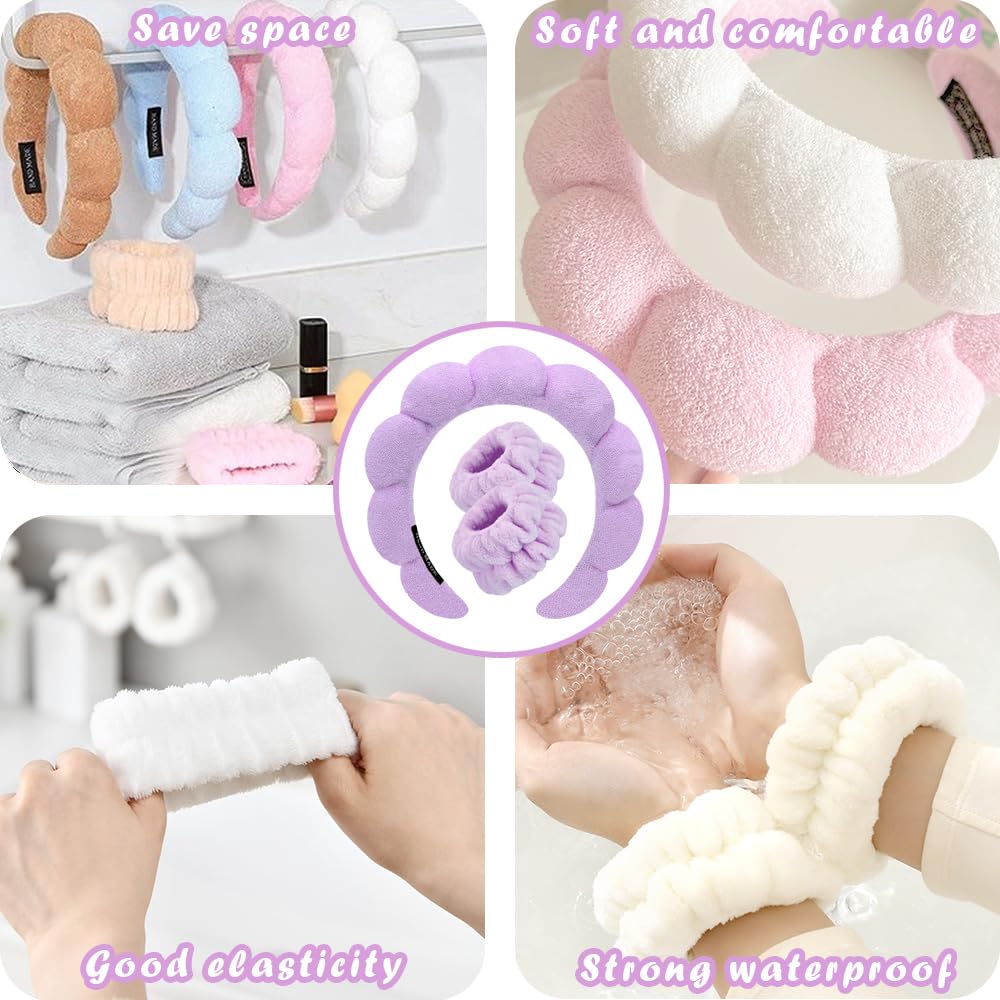 Spa Headbands for Washing Face Wristband Set Sponge Makeup Skincare Headband Wrist Towels Bubble Soft Terry Towel Cloth Hairband for Women Puffy Headwear Non Slip Thick Thin Hair Headwear (Purple)