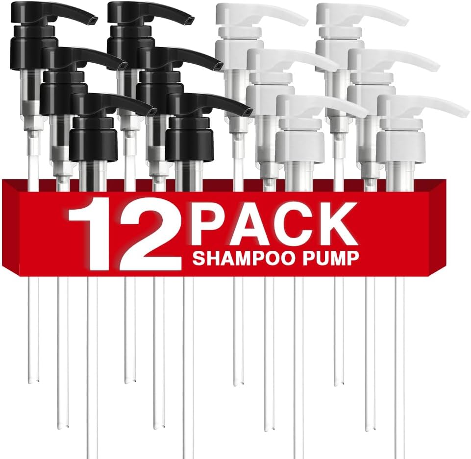 12-Pack Shampoo Pumps for Liter 33.8 oz Shampoo and Conditioner, Pump Dispenser Fits Most Salon Bottles with 1-inch Wide Opening, Black & White Replacement Pump for Soft Hair Products, Body Wash