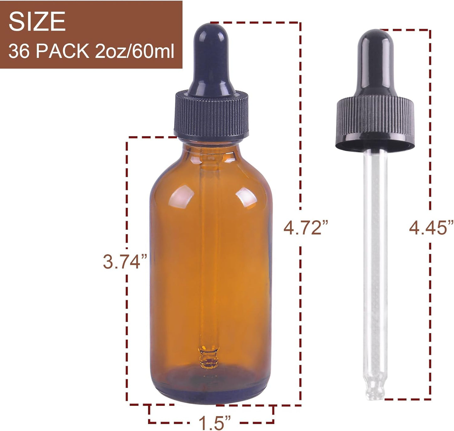 36 Pack 2oz Amber Glass Dropper Bottles, Glass Eye Dropper Bottles for Essential Oils, Perfumes, Laboratory Use (Amber, 2oz-36Pack)
