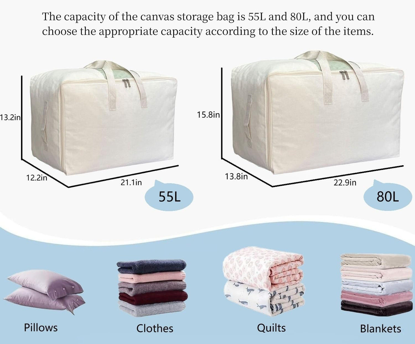 Soft Large Canvas Comforter Storage Bags with Four Carrying Handles and Clear Window, Closet Organizer for Clothing, Blankets Sheets Pillows and Bedding, 80L, White