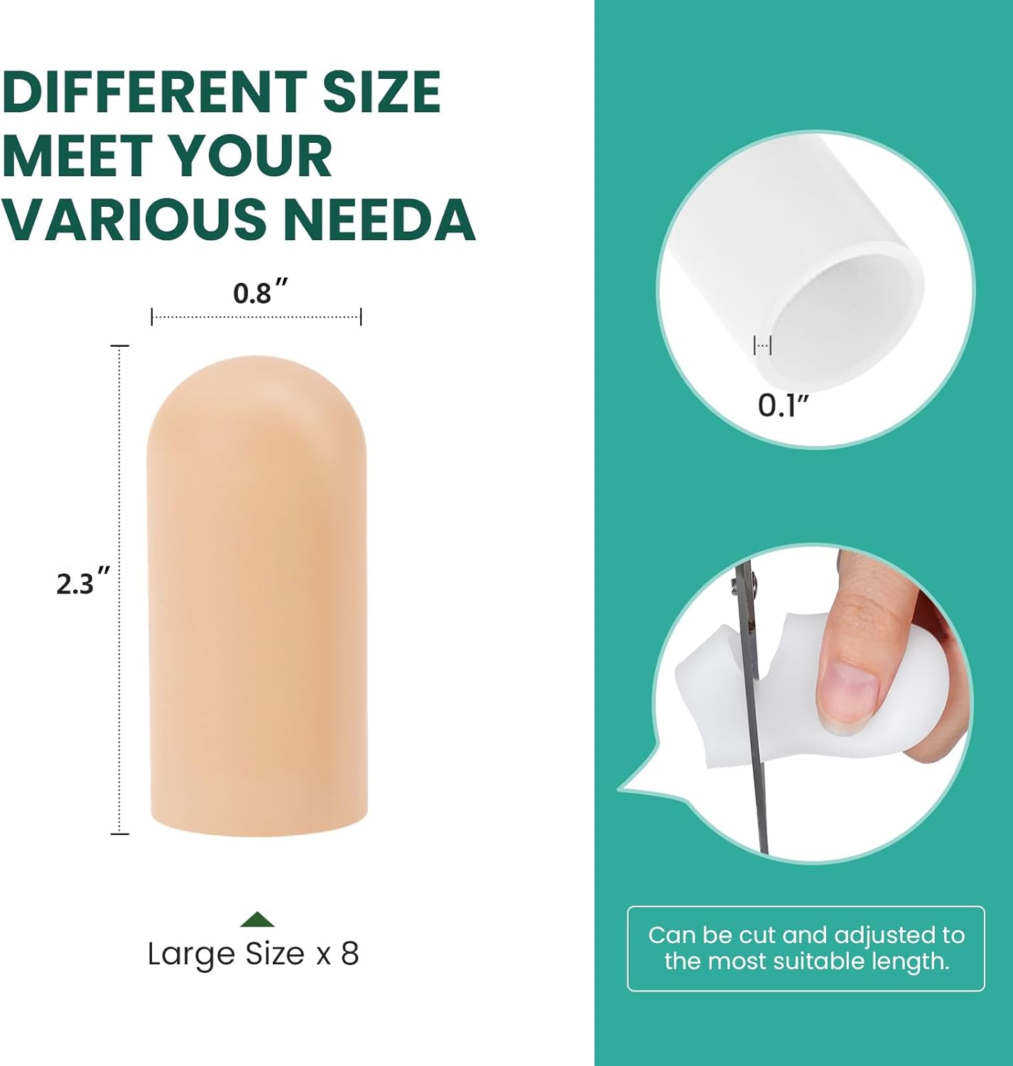 Welnove Gel Toe Cap and Protector - Silicone Toe Covers - Toe Cushions for Pain Relief, Missing or Ingrown Toenails, Corns, Calluses, Blisters (8 Large, Beige)