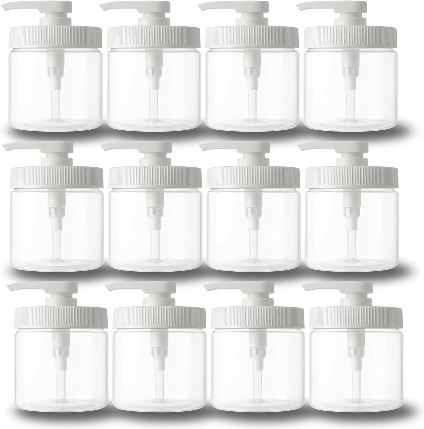 Royal Massage 16oz Refillable Pump Jar with Locking Dip Tube Dispenser – BPA-Free Plastic Container for Massage Oils, Lotions, Creams – Ribbed Lid Wide-Mouth Jar – Durable & Reusable (Clear/White, 12)