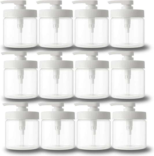 Royal Massage 16oz Refillable Pump Jar with Locking Dip Tube Dispenser – BPA-Free Plastic Container for Massage Oils, Lotions, Creams – Ribbed Lid Wide-Mouth Jar – Durable & Reusable (Clear/White, 12)