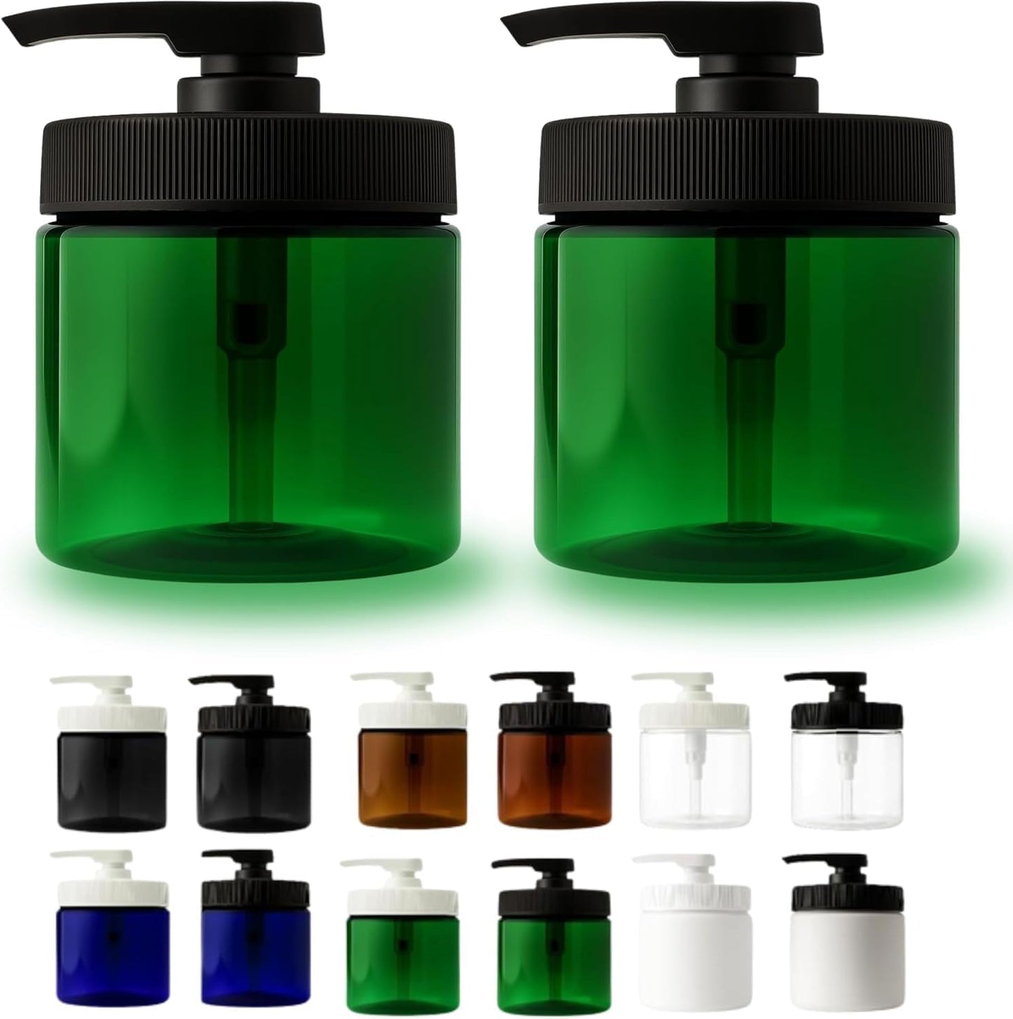Royal Massage 16oz Refillable Pump Jar with Locking Dip Tube Dispenser – BPA-Free Plastic Container for Massage Oils, Lotions, Creams – Ribbed Lid Wide-Mouth Jar – Durable & Reusable (Green/Black, 2)