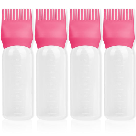 BLAAROOM Root Comb Applicator Bottle 6 Ounce, 4 Pack Hair Oil Applicator Bottle, Hair Dye Bottle Applicator Tools with Hair Oil Dispenser Root Comb Brush for Hair Oiling Applicator - Dark Pink