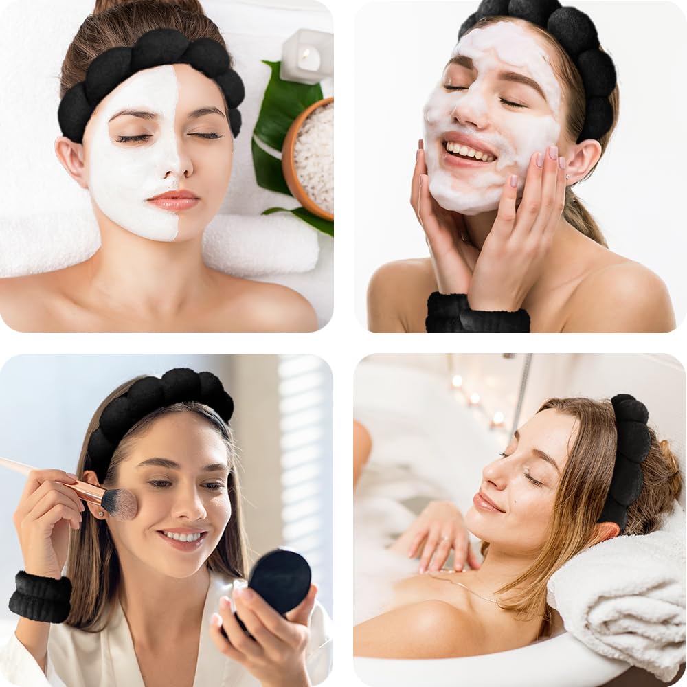 Spa Headbands for Washing Face Wristband Set Sponge Makeup Skincare Headband Wrist Towels Bubble Soft Terry Towel Cloth Hairband for Women Puffy Headwear Non Slip Thick Thin Hair Headwear (Black)