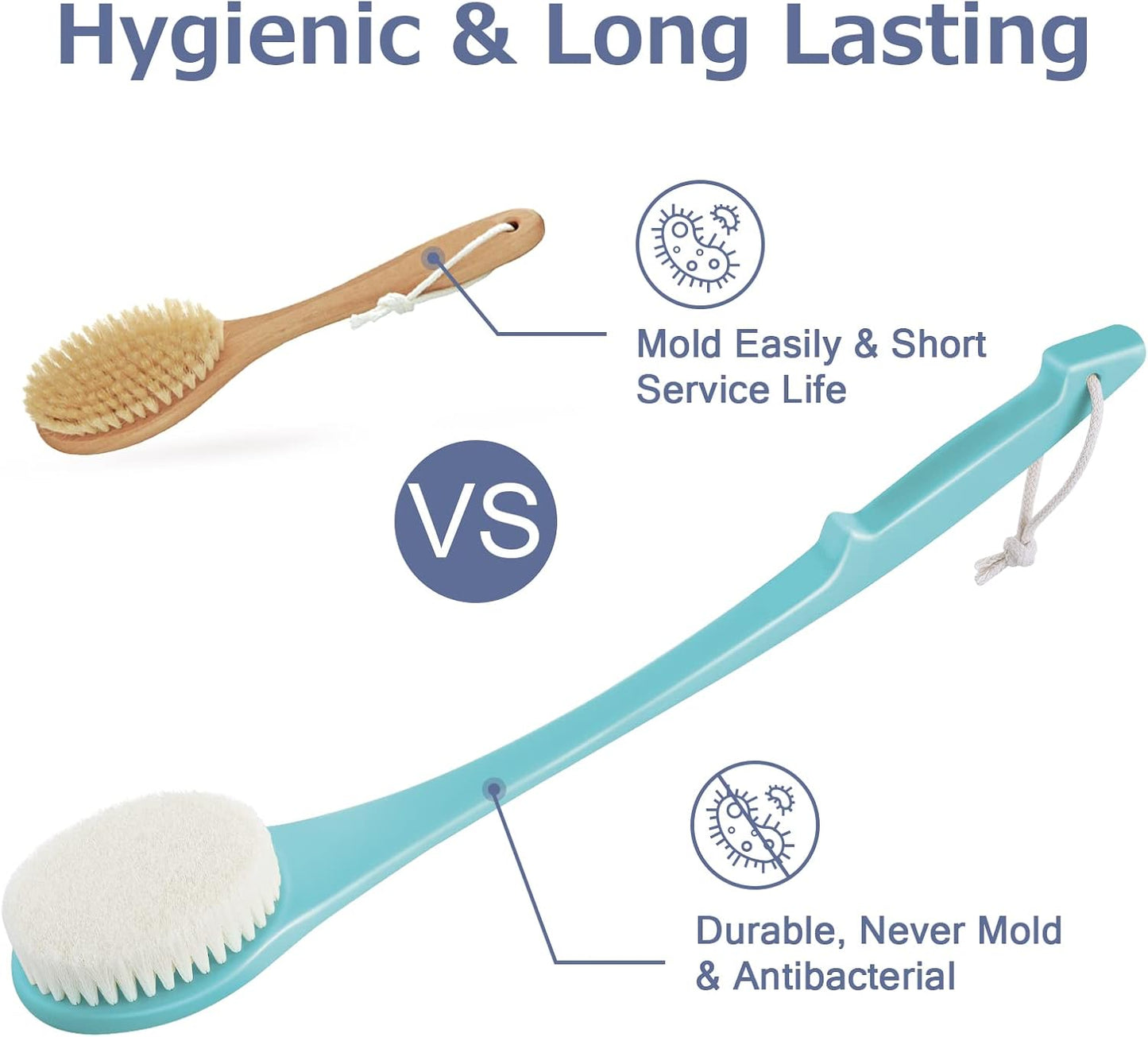 Body Back Scrubber – 17'' Long Handle Shower Brush, Durable Exfoliator for Dry & Wet Use, Deep Cleansing & Gentle Exfoliation for Smooth Skin – for Men, Women & Elderly (Gray)