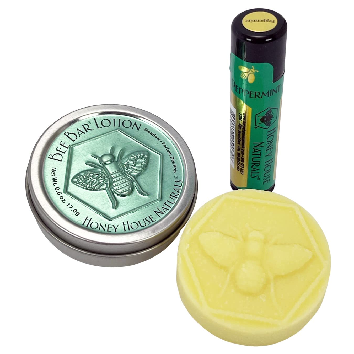 Honey House Naturals 2 Piece Gift Set, All Natural, Ultra Moisturizing Lotion Bar and Lip Butter Infused with Essential Oils, Made in USA (Lip Balm & Bee Bar, Peppermint)