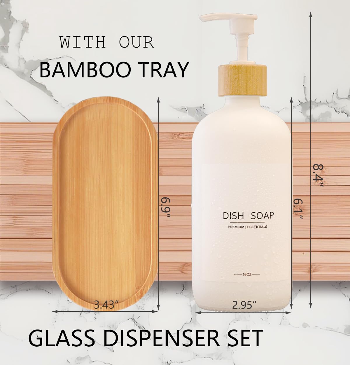 Luxury Glass Soap Dispenser Set - 2 Refillable 16.9oz Bottles, Bamboo Pump & Tray for Farmhouse & Modern Decor, 9 Waterproof Labels for Kitchen/Bathroom (White Bottle+White Bamboo Pumps+Tray)
