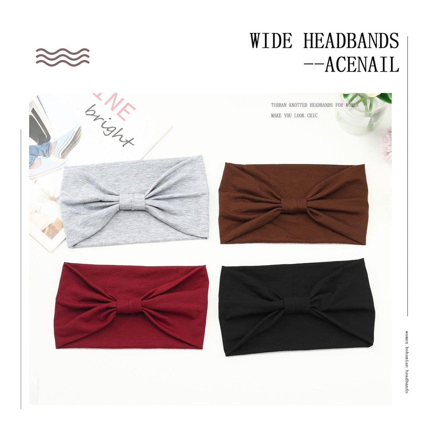 Acenail Wide Headbands Women Knotted Turban Headband Elastic Non Slip Hairbands Workout Yoga Sweatbands Cotton Hair Scarfs Boho Head Wraps Fashion Hair Accessories for Women 4Pcs (Solid)