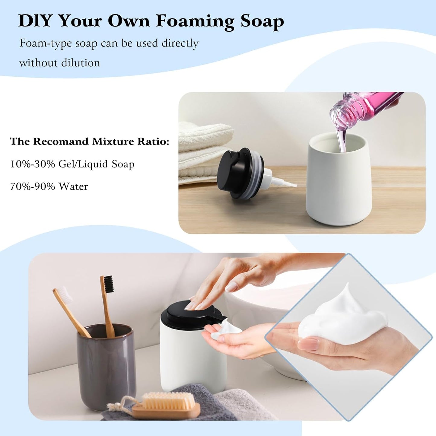 Ceramic Foam Soap Dispenser 2 Pack, 12oz White Lotion Hand Sanitizer Soap Dispenser with Easy-to-Press Pump for Bathroom & Kitchen Countertop Refillable