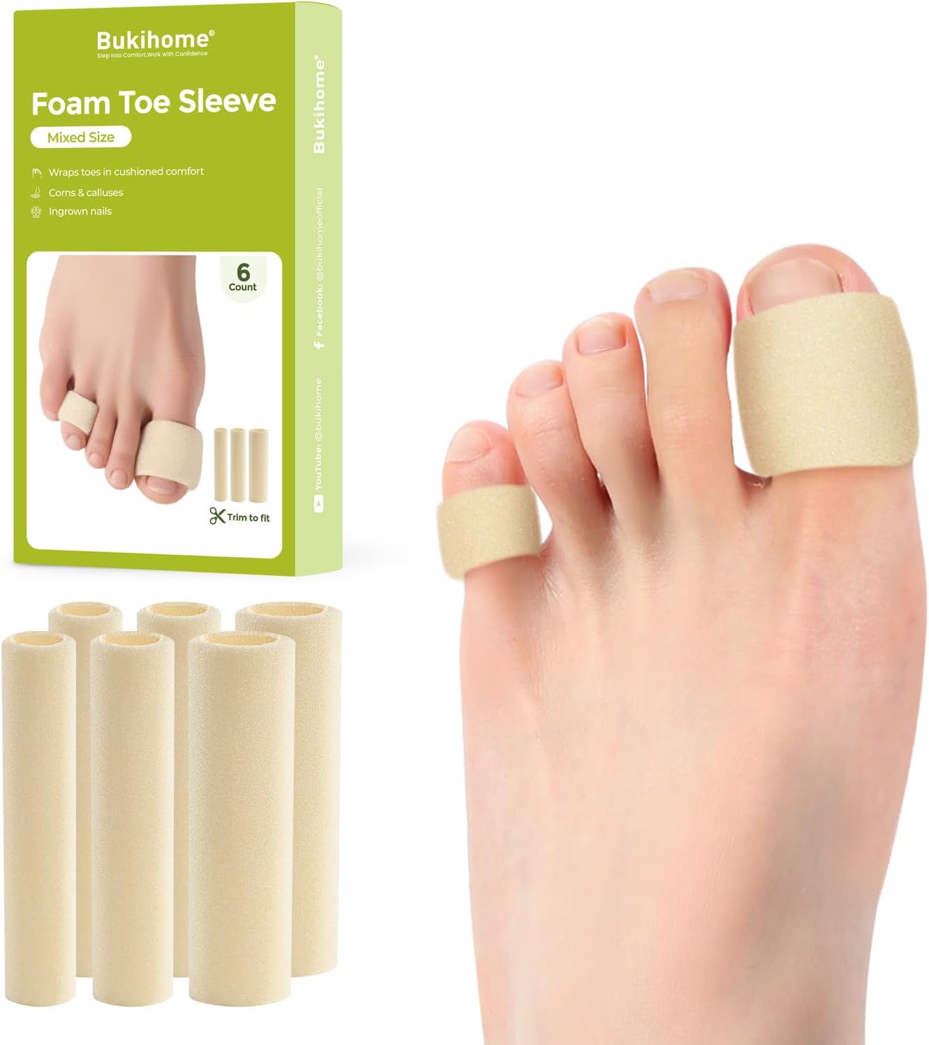 Bukihome Cuttable Toe Tubes Sleeves - Foam Toe Protectors for Corns, Calluses, Blisters - Fabric & Breathable Gel Lining Toe Sleeve Protectors Relief Toe Pressure Pain - 6 Count, White