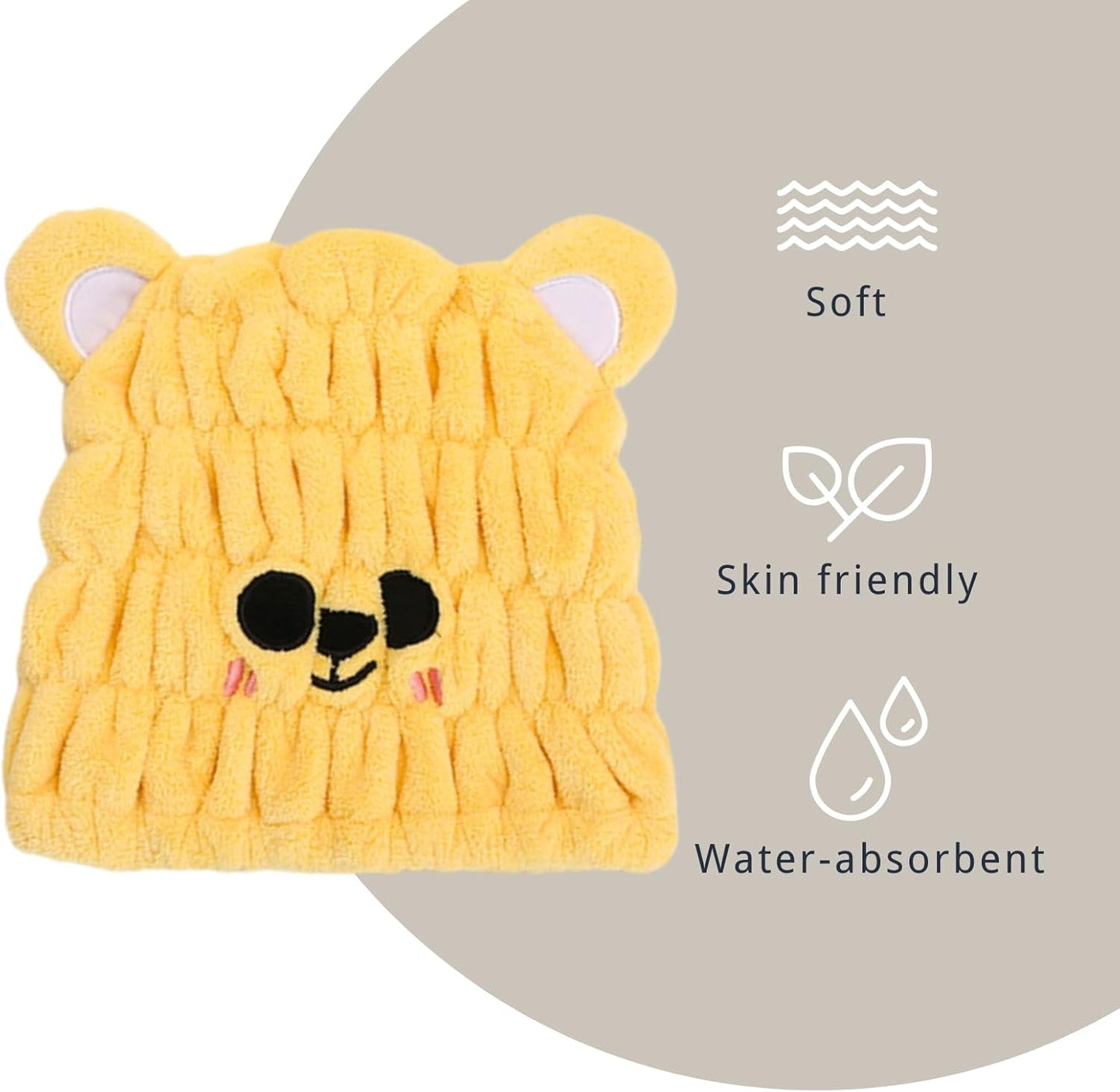 Microfiber Hair Towel Wrap for Kids, Yellow Bear Dry Hair Cap Suck Water, Absorbent Quick Girls Boys Hair Drying Towel, Lightweight Bouncy Hat Headscarf