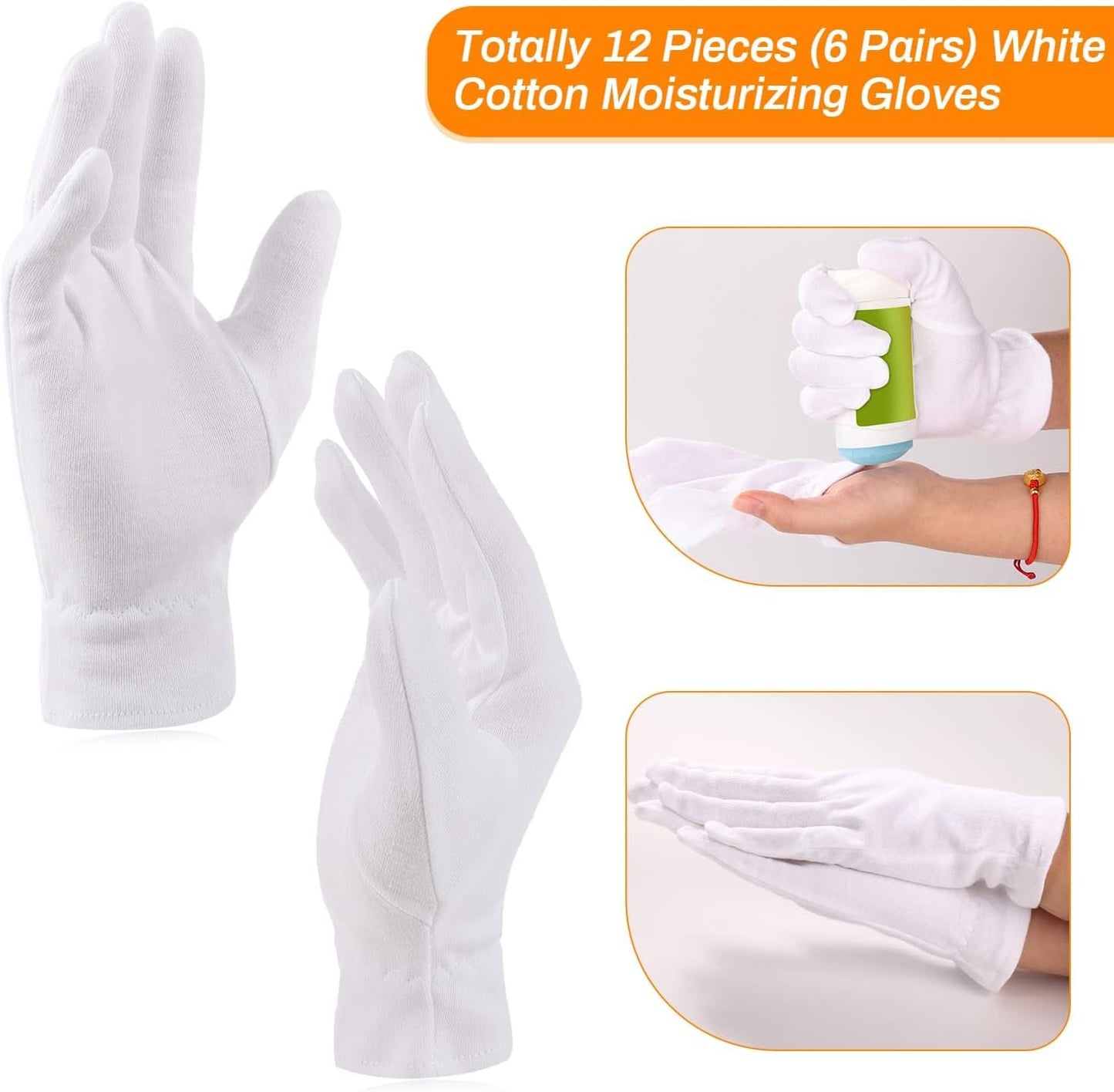 Selizo 6 Pairs 100% White Cotton Gloves for Eczema, Moisturizing Gloves for Dry Hands Overnight Women, Moisture Sleeping Spa Lotion Hand Cream Gloves for Eczema Dry Cracked Hands Sensitive Skin