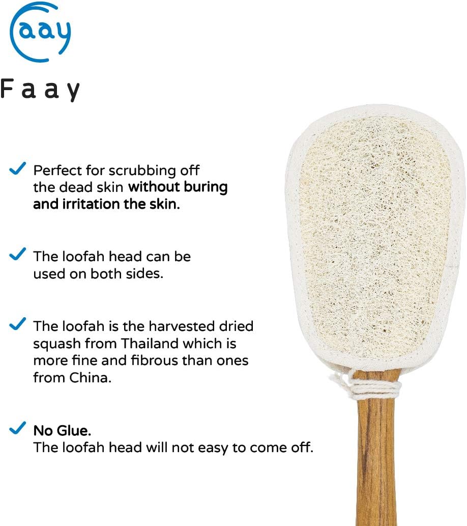 FAAY Thai Loofah Spa Set – 17″ Teak-Handled Back Scrubber with Refill + 2 Face & Body Exfoliating Pads