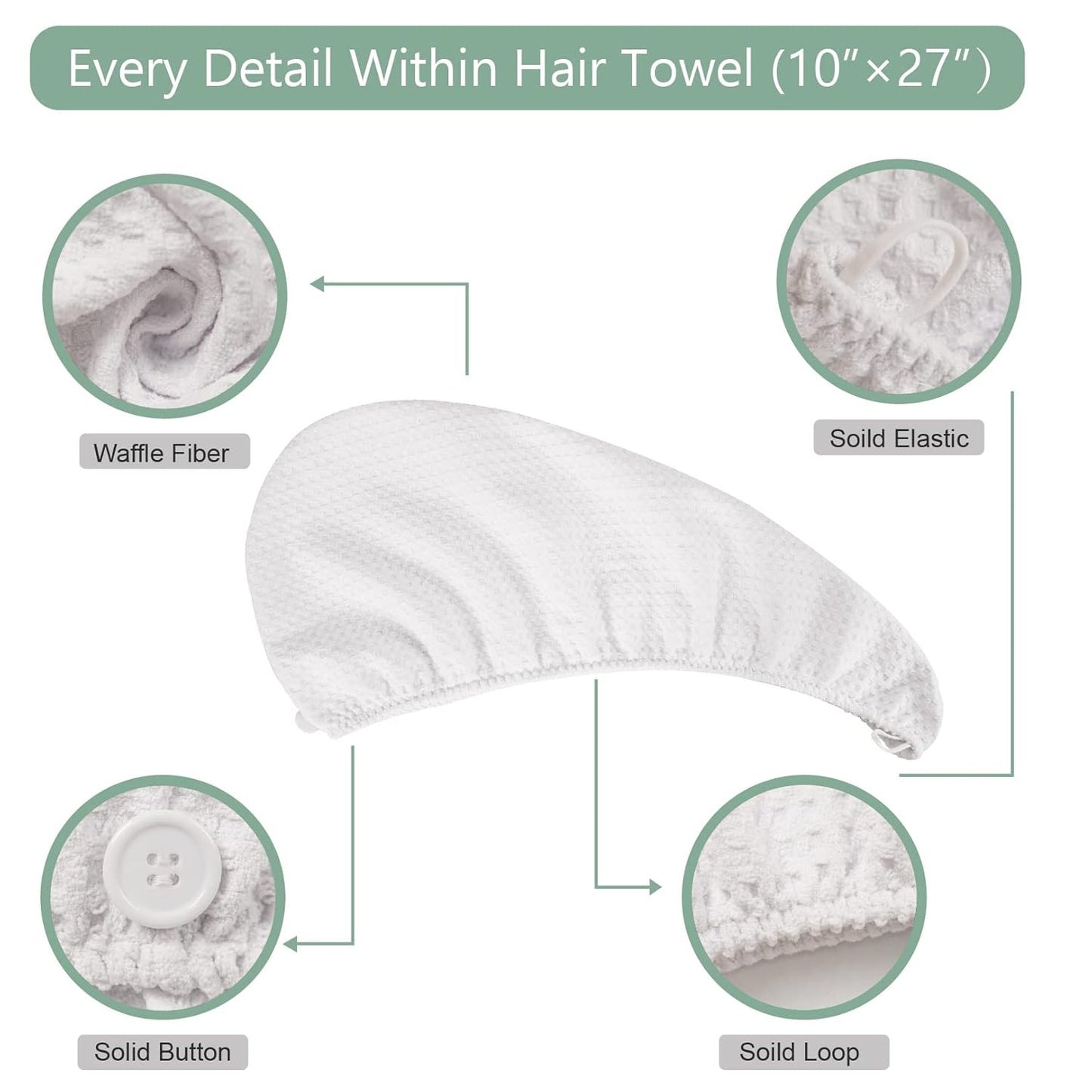 Microfiber Hair Drying Towel - 2Packs Waffle Long Hair Head Turban Wraps Terry Cloth Fast Absorbent Dry Anti Frizz Twist Plopping Curly Shower Turban for Women Wet Hair (White)