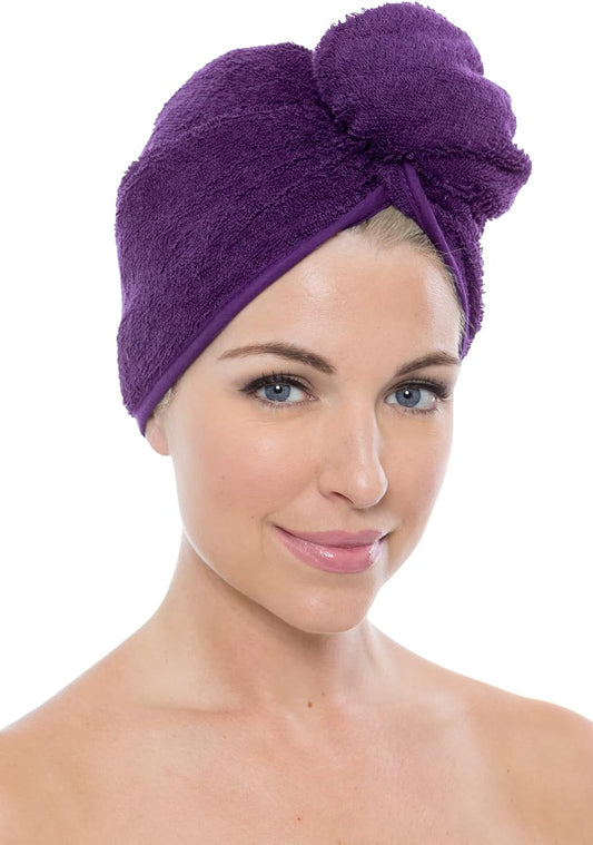 Texere Women's Rayon and Cotton Terry Spa Hair Towel - Quick Dry, Absorbent and Lightweight Hair Wrap Towel with Loop and Twist Closure (Tya, Purple, U)