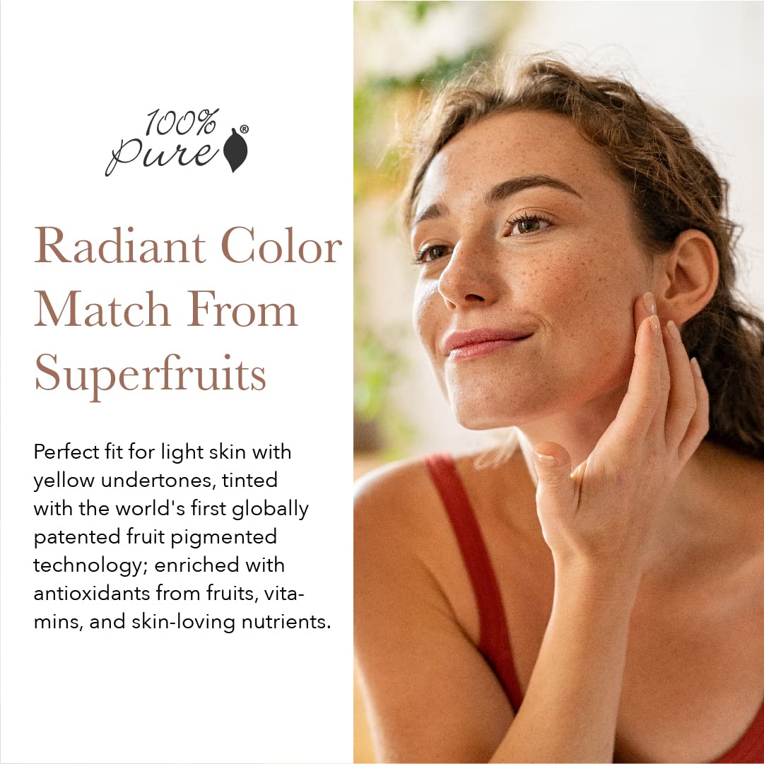 100% PURE Healthy Foundation Full Face Coverage Makeup, Liquid Matte Finish with Anti-Aging Benefits - Vegan Gorgeous Fruit Pigmented White Peach Color (Light with Warm Undertone) - 1 Fl Oz