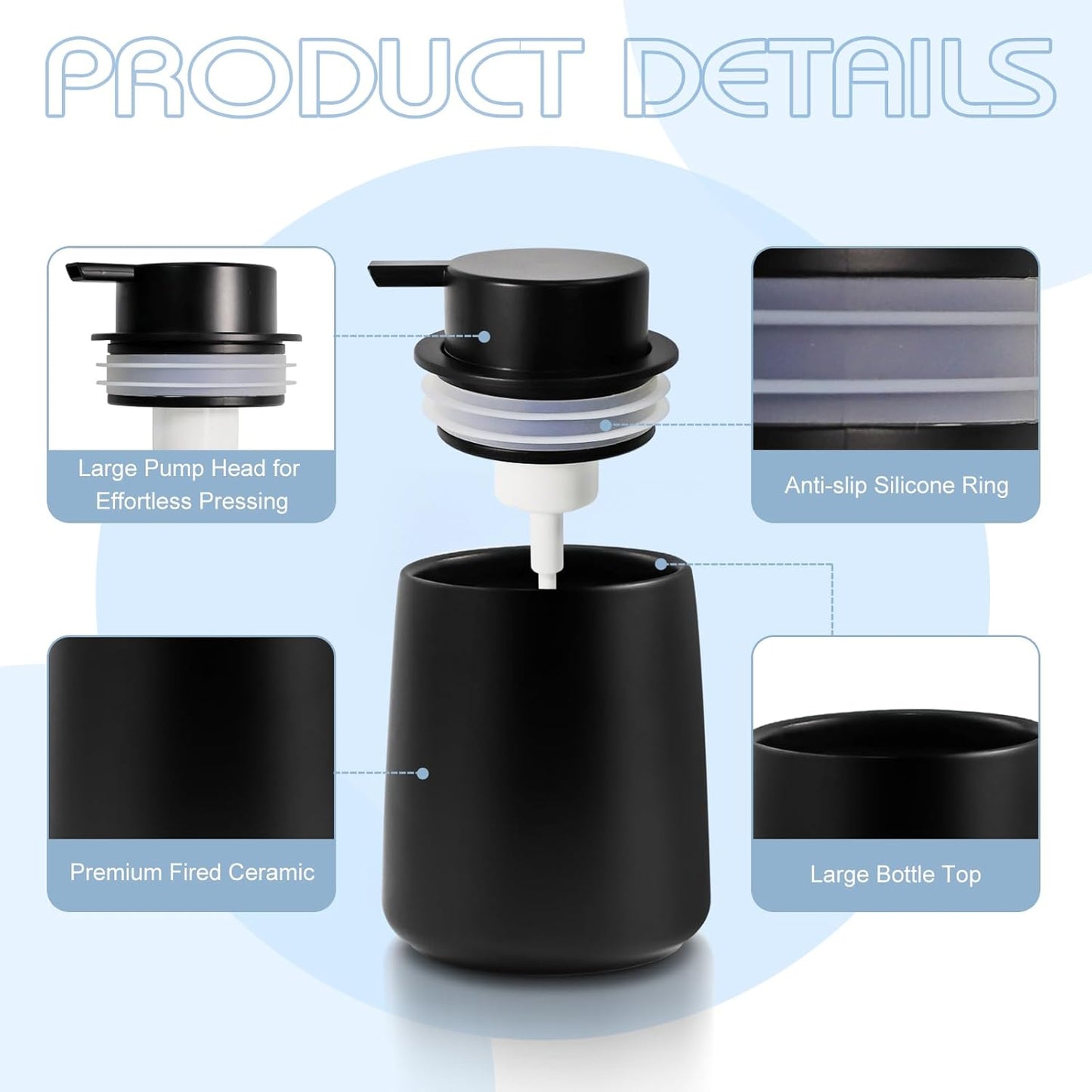 Ceramic Foam Soap Dispenser 2 Pack, 12oz Matte Black Lotion Hand Sanitizer Soap Dispenser with Easy-to-Press Pump for Bathroom & Kitchen Countertop Refillable