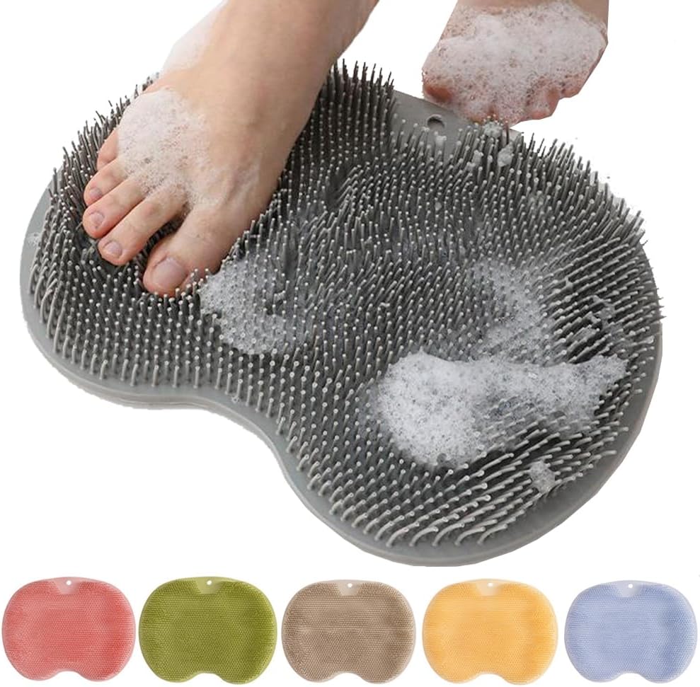 Silicone Shower Foot Scrubber Mat, Upgraded Wall Mounted Slip Suction Cups Foot Scrubber Cleaner, 2025 New Foot Back Cleaning Pad Back Washer Back Exfoliating Bath Wash Pad (Grey)