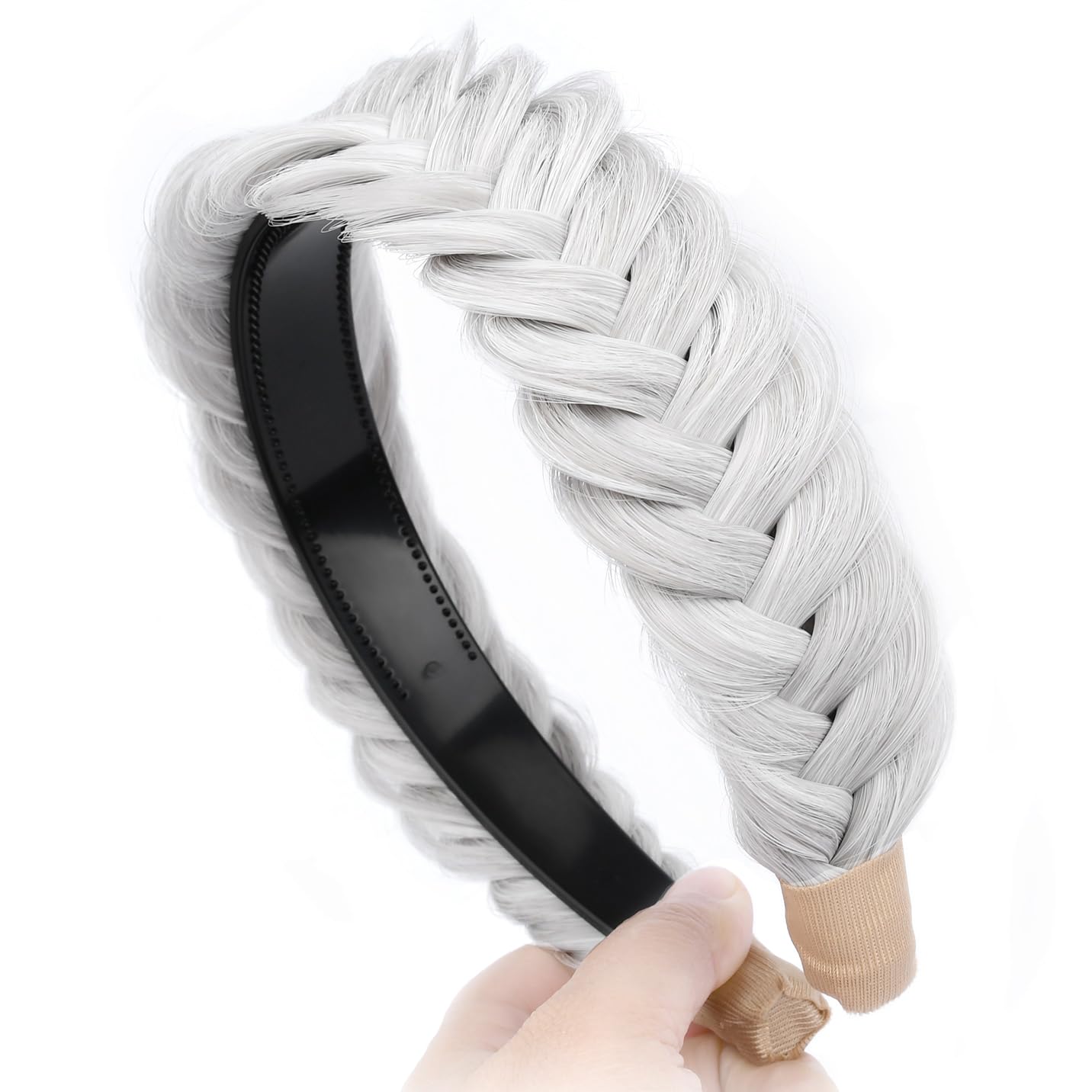 DIGUAN Wide Messy Braided Headband With Teeth Synthetic Hair Plaited Headband High Elasticity Braids Chunky Fishtail Braided Hair Band Hairpiece for Girls Women (White Gray)