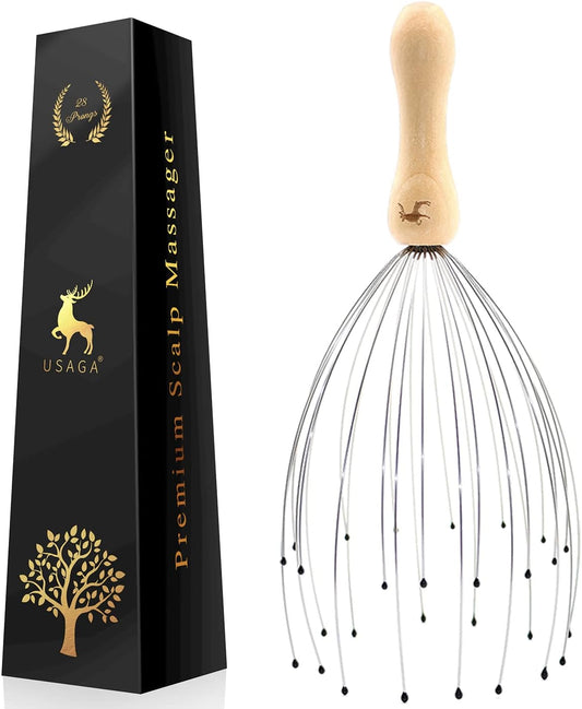 USAGA 28 Finger Head Scratcher, Head Massager, Scalp Massager, Stocking Stuffers Gift for Scalp Body Relaxing Wood Handle (1 Pack)