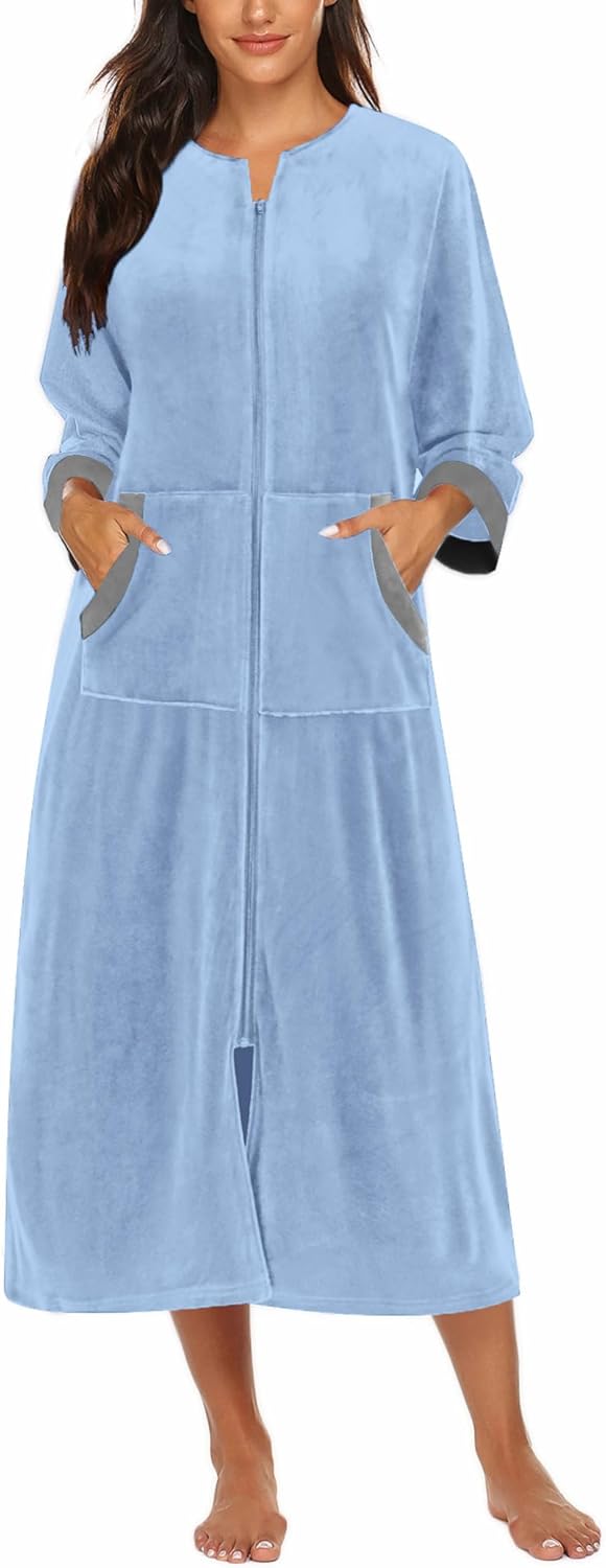 Ekouaer Women Zipper Robe 3/4 Sleeves Loungewear Dress Full Length Sleepwear Pockets Housecoat Nightgown Long Bathrobe