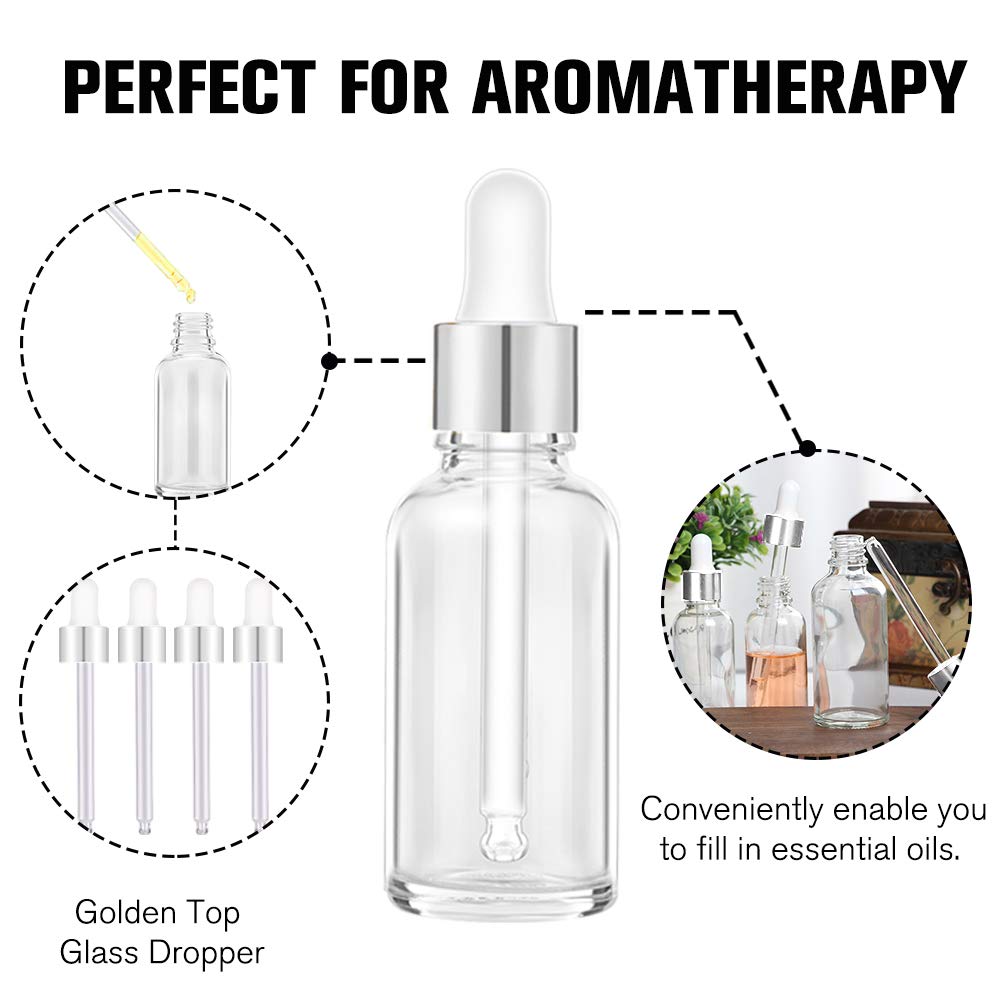 PrettyCare 2 oz Dropper Bottles, 4 Pack Frosted Glass Bottles 60ml with Golden Caps, 12 Labels, Funnel & Measured Pipettes-Empty Tincture for Essential Oils & Skincare