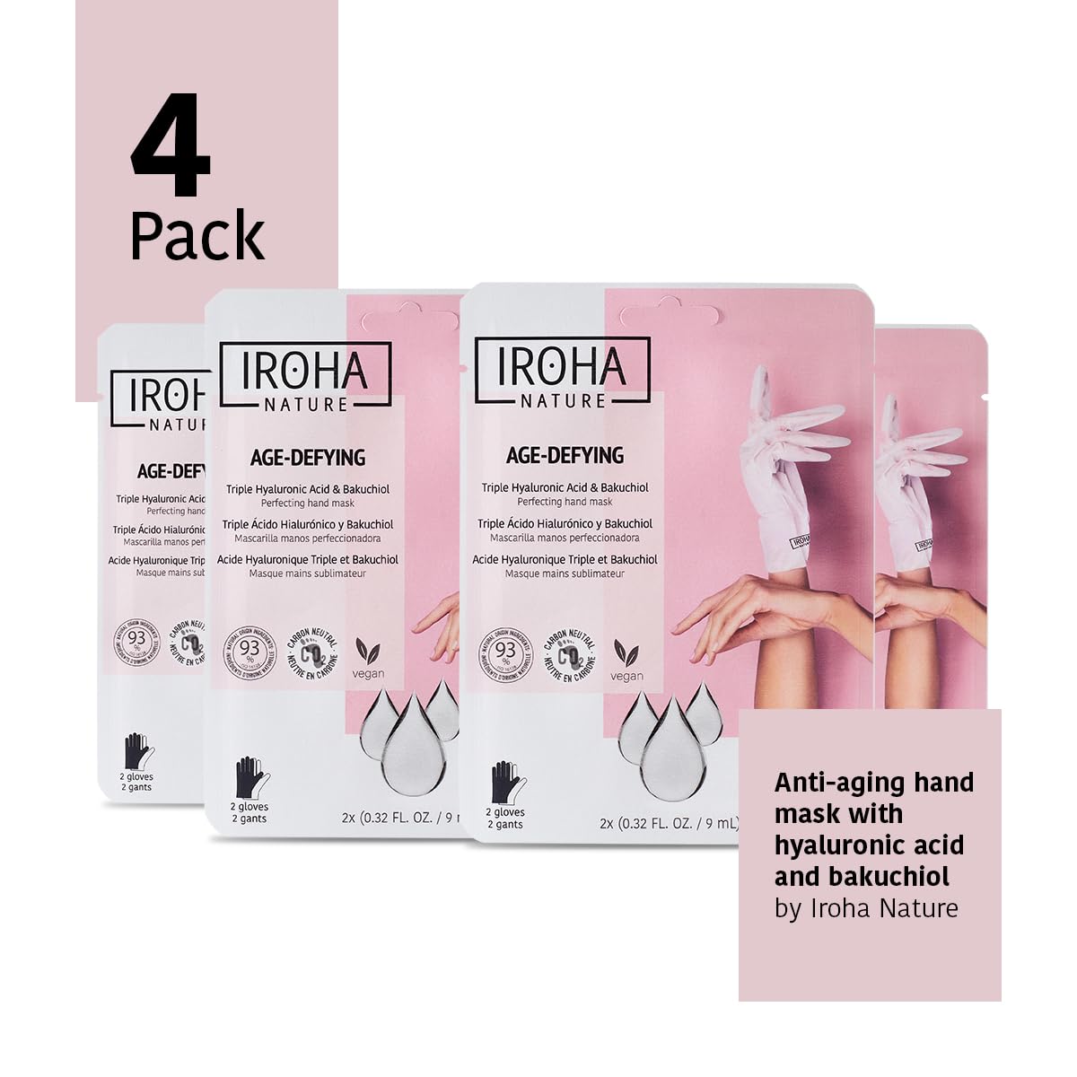 IROHA NATURE Anti-Aging Hand Mask Gloves | 4 Pairs | Triple Hyaluronic Acid, Bakuchiol & Niacinamide | Reduces Wrinkles & Dark Spots | Vegan & Cruelty-Free | 93% Natural Ingredients