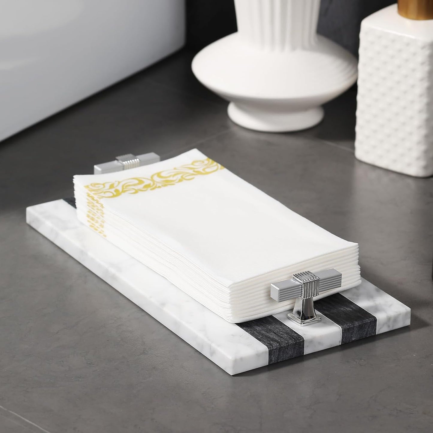 Marble Guest Towel Holder Disposable Paper Towel Tray Vanity Tray Sliver Color Handle, Bathroom Sink Tray Bathroom Napkin Holder