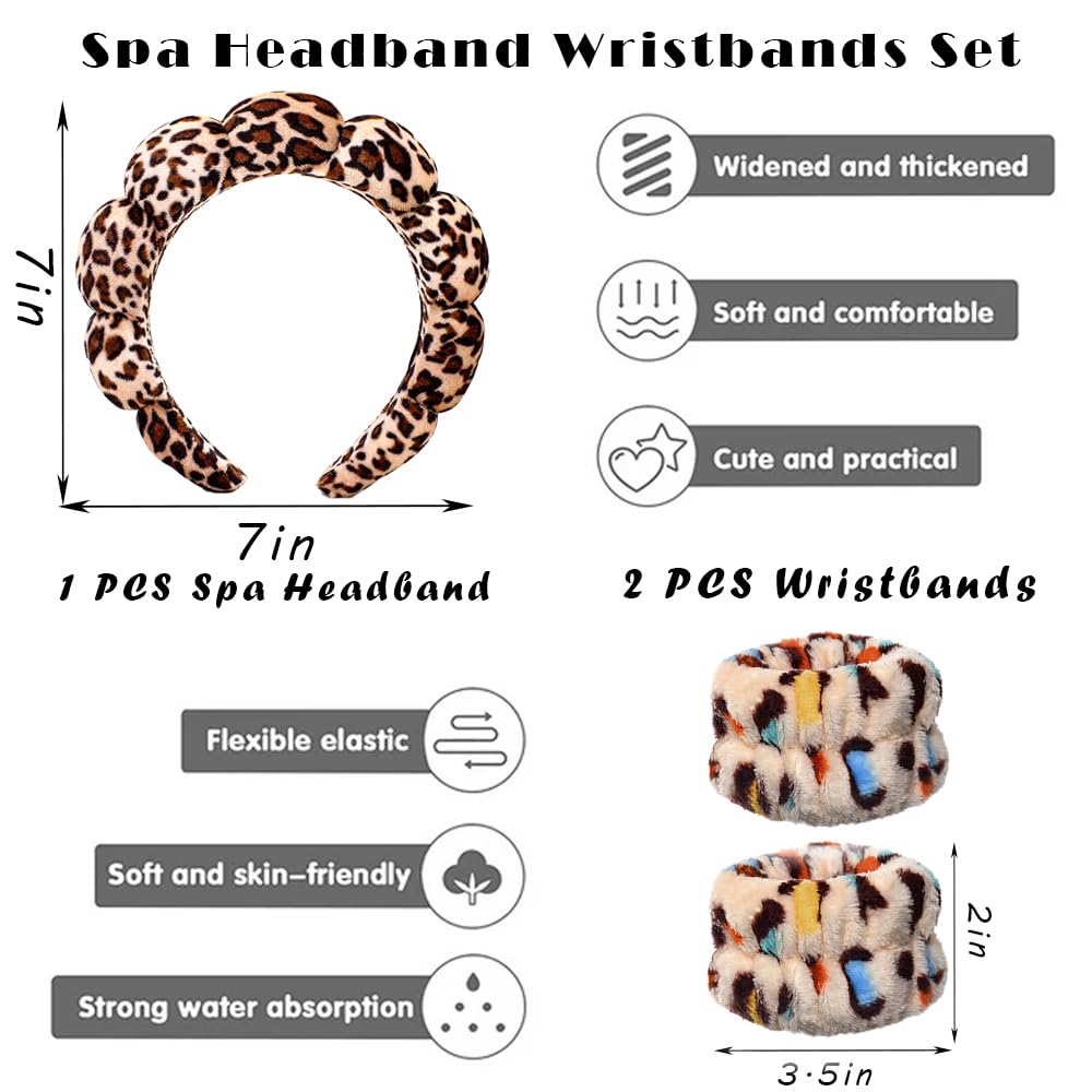 Spa Headbands for Washing Face Wristband Set Sponge Makeup Skincare Headband Wrist Towels Bubble Soft Terry Towel Cloth Hairband for Women Puffy Headwear Non Slip Thick Thin Hair Headwear (Leopard)