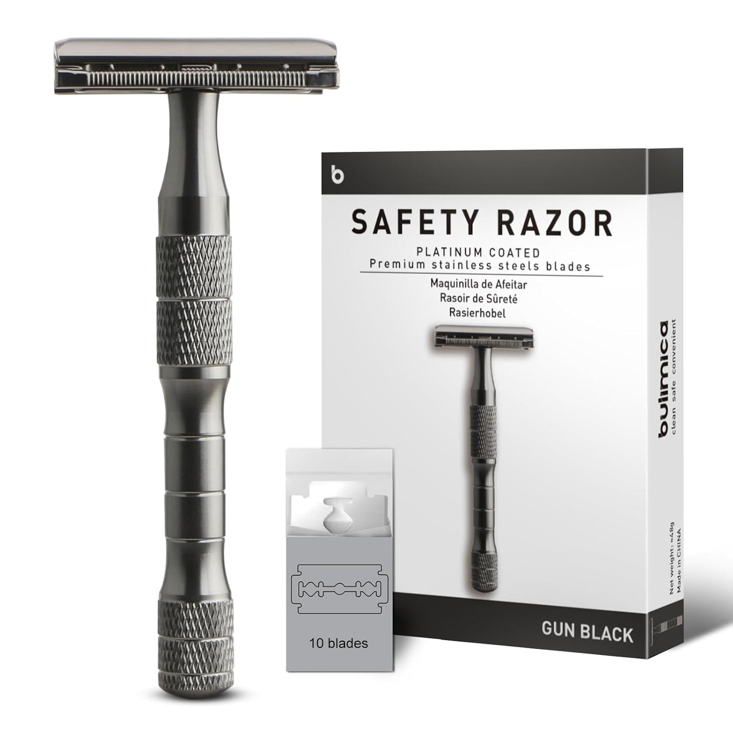 Gun Black Safety Razor, Single Blade Razors for Men, with 10 Platinum Coated Stainless Steel Double Edge Safety Razor Blades, Smooth & Close Shave, Plastic Free, Sustainable