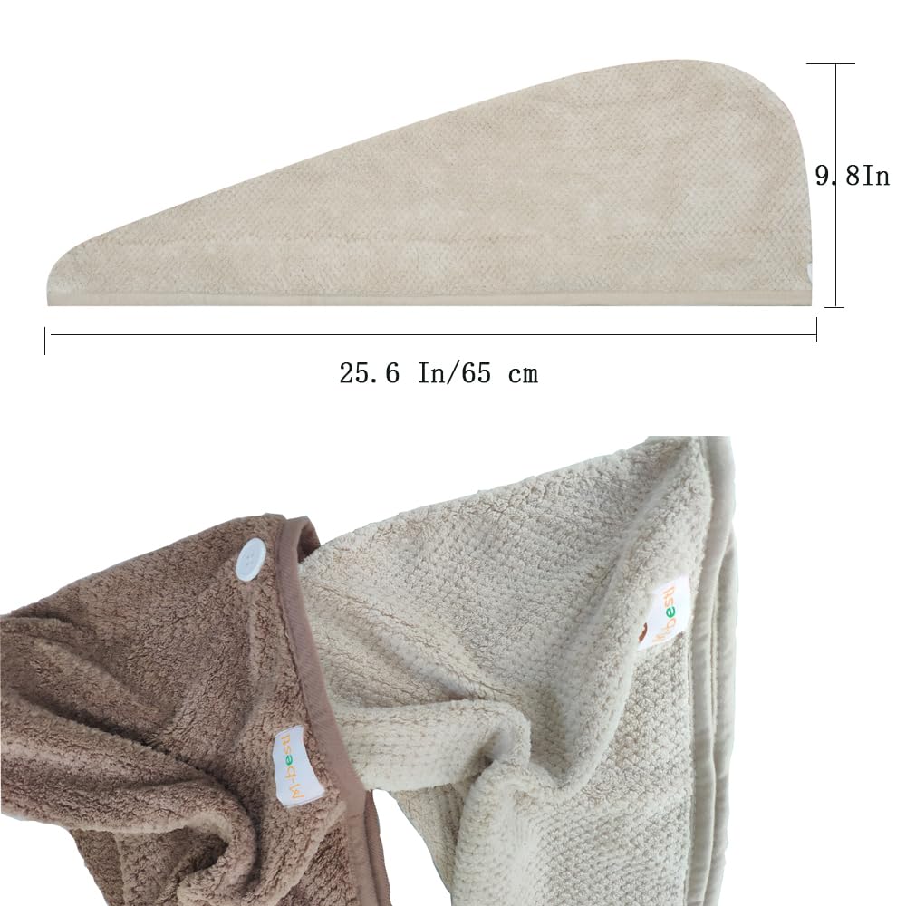 2 Pack Hair Drying Towels,Hair Wrap Towels,Absorbent Microfiber Hair Towel Turban with Button Design to Dry Hair More Quicker（Khaki&Coffee）