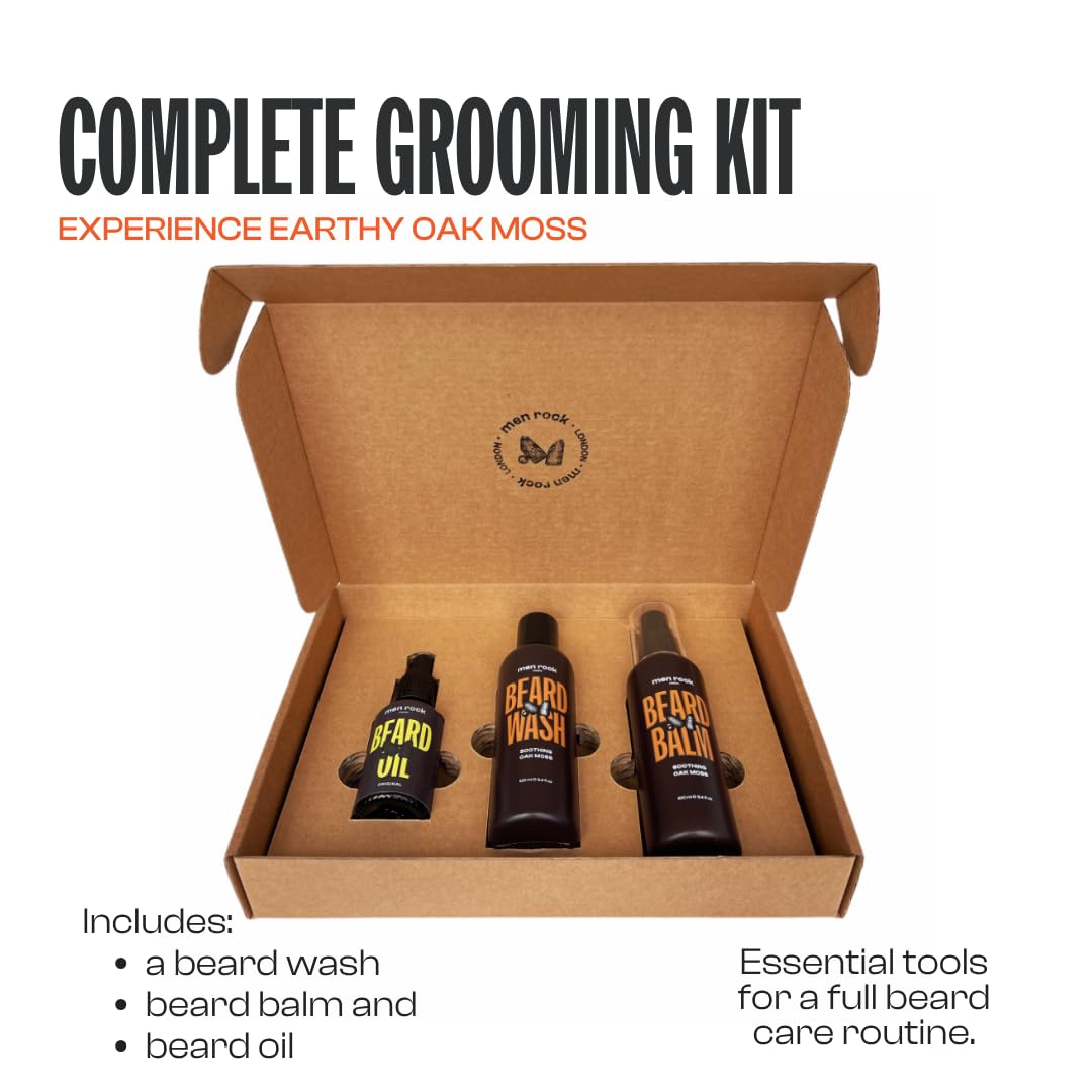 Men Rock Beardy Beloved Soothing Essential Beard Kit - Oak Moss - Beard Oil, Balm and Wash - Mens Face Care - Skincare Products for Men - 3 Pc