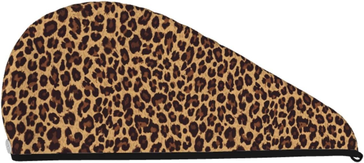 Leopard Hair Towel Wrap Microfiber Fast Drying Hair Turban with Buttons for Women Men Drying Curly, Long & Thick Hair