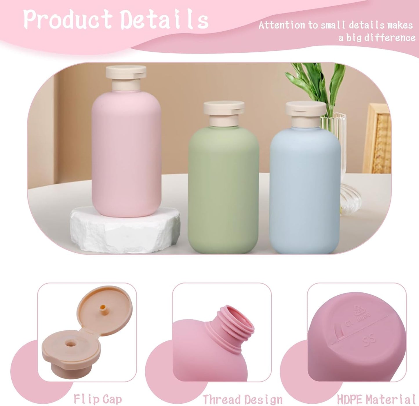 6 Pack Leakproof Travel Bottles 10 oz | Squeeze Shampoo & Lotion Containers with Locking Flip Caps | Food Grade HDPE/PP for Toiletries, Gym, Camping (Green+Blue+Pink)