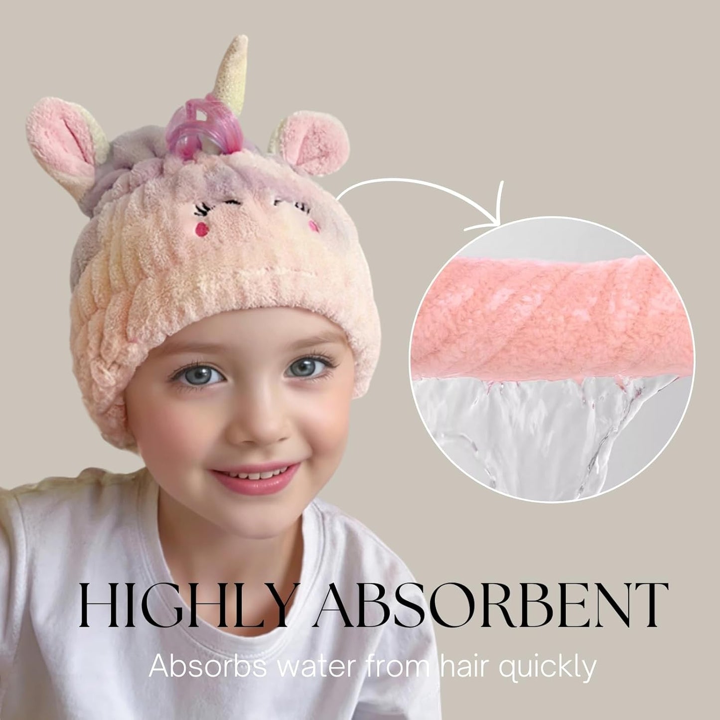Microfiber Hair Towel Wrap for Kids, Unicorn Dry Hair Cap Suck Water, Absorbent Quick Girls Boys Hair Drying Towel, Lightweight Bouncy Hat Headscarf for Wet Hair