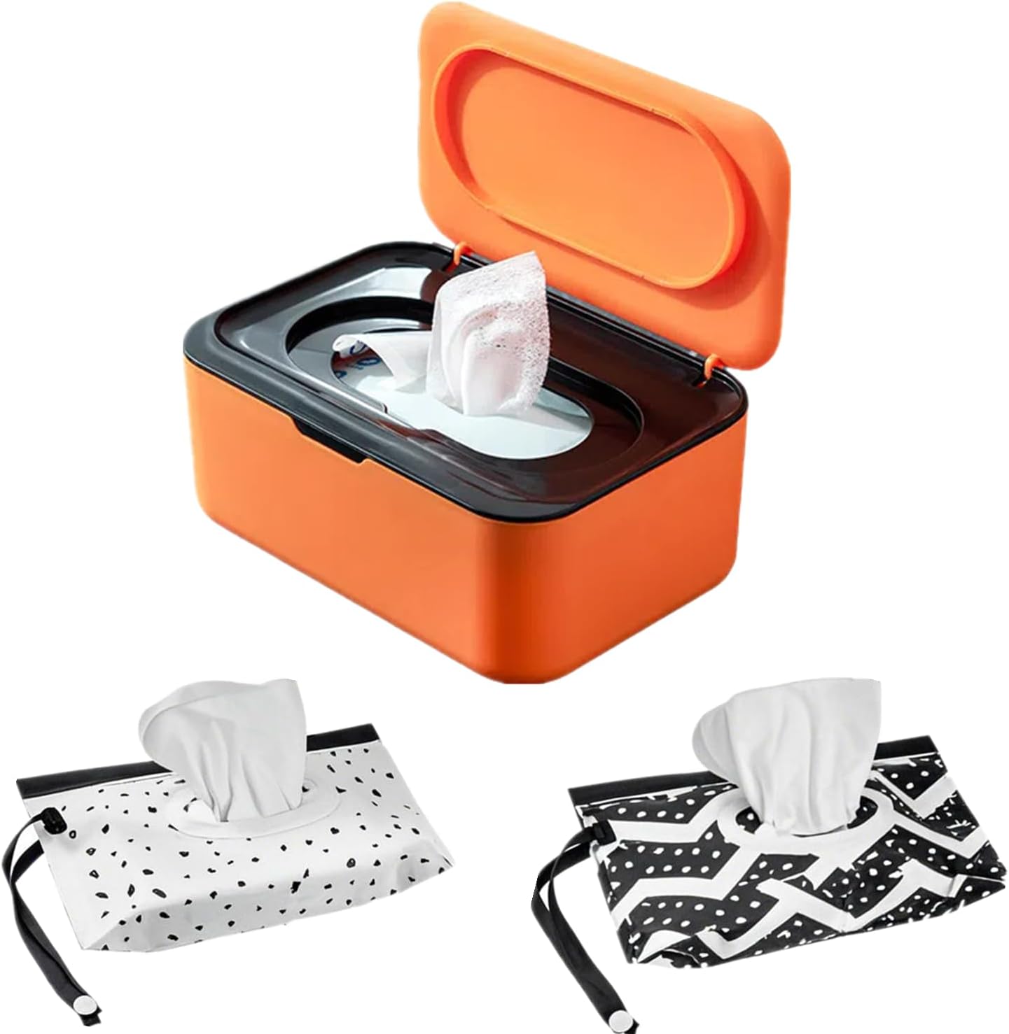 Wipes Dispenser with 2Pcs Portable Refillable Wipe Holder,Reusable Large Wipe Holder Box Flushable Wipes Case Bathroom Wipes Container for Pet Nursery Kitchen Office Counter(Orange-Black)