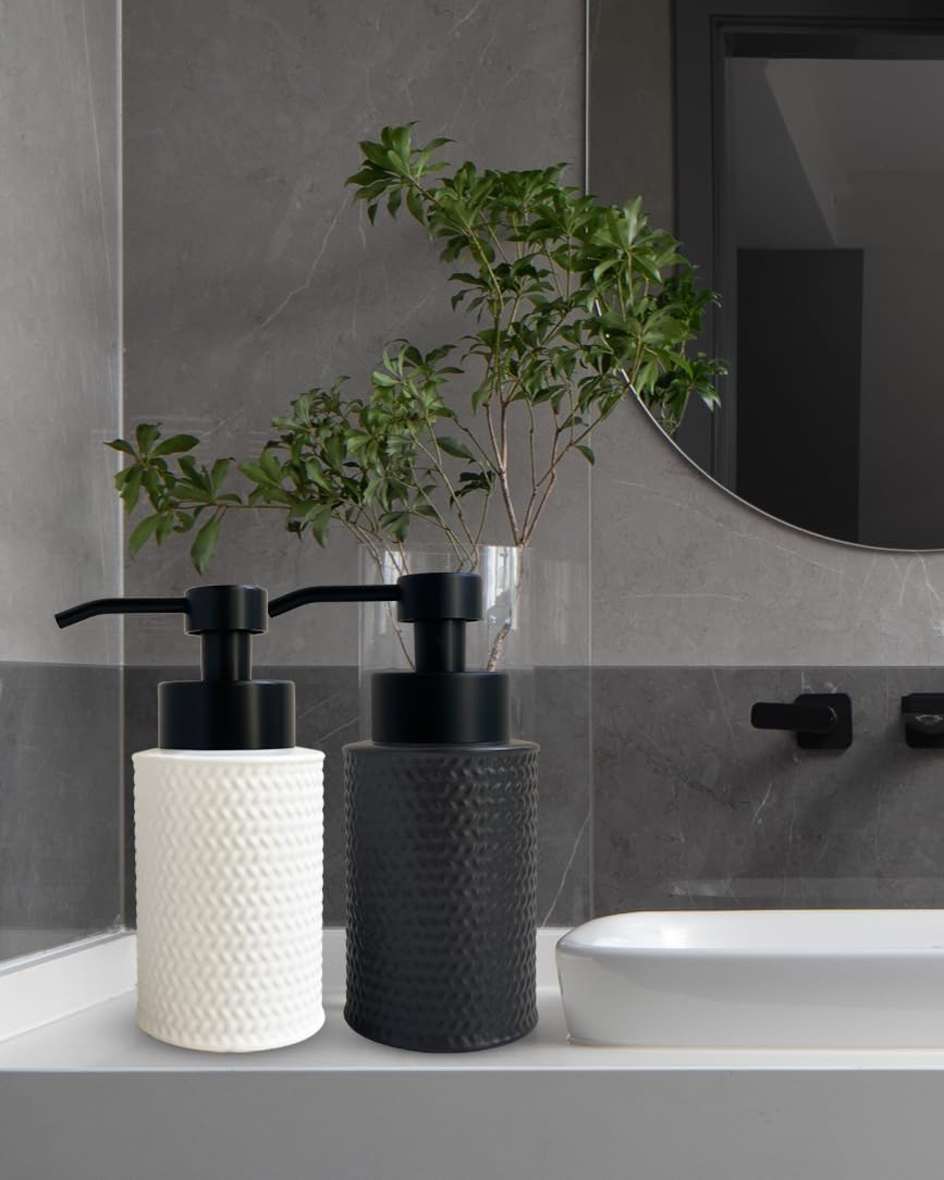 10 Oz Foaming Soap Dispenser for Bathroom,Kitchen Foam Soap Dispenser,Refillable Modern Foam Pump Bottle,Black Ceramic Foaming Hand Pump Dispenser (Black Weave)