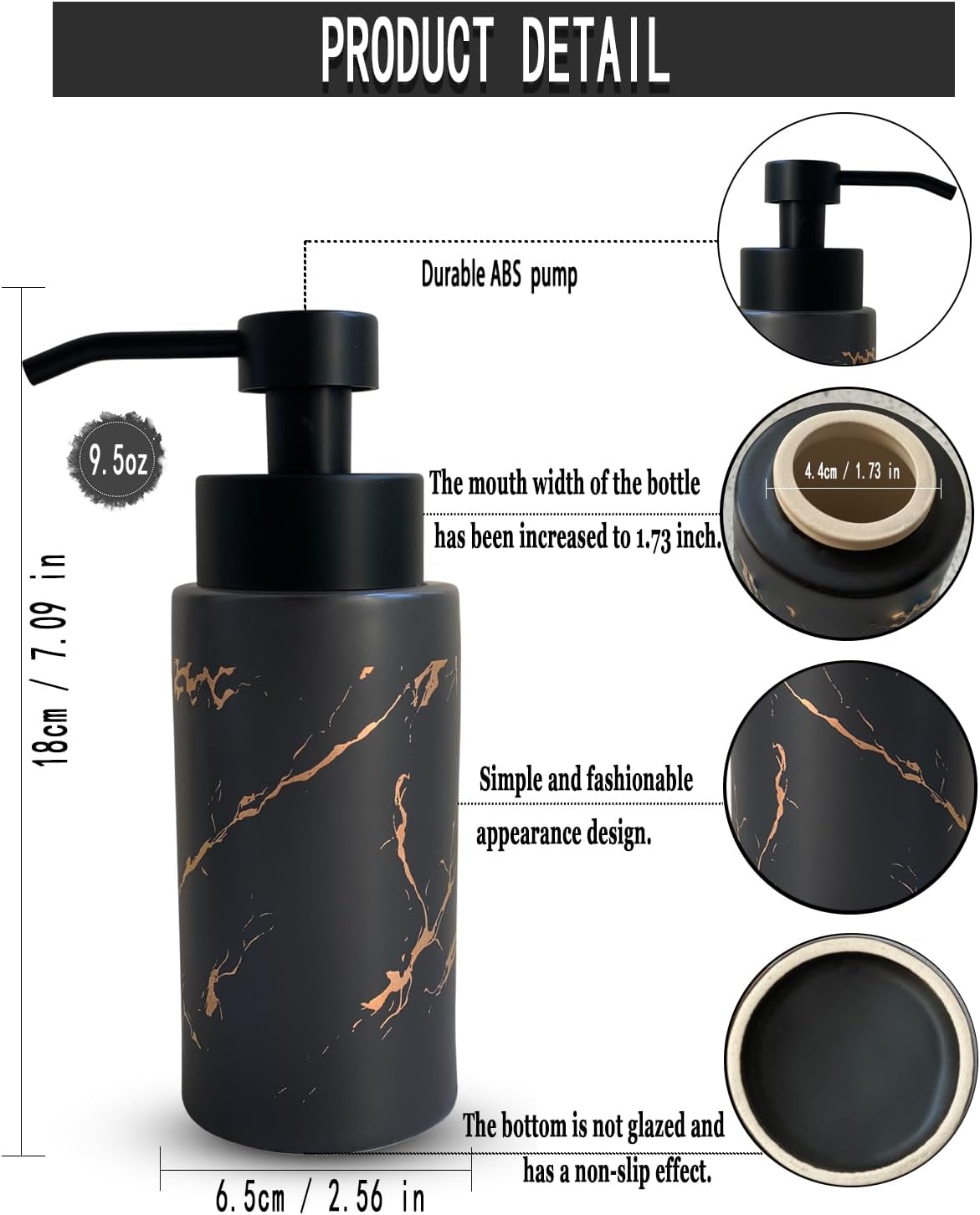 9.5 Oz Foaming Soap Dispenser for Bathroom,Kitchen Foam Soap Dispenser,Refillable Modern Foam Pump Bottle,Black Ceramic Foaming Hand Pump Dispenser (Black Marble)