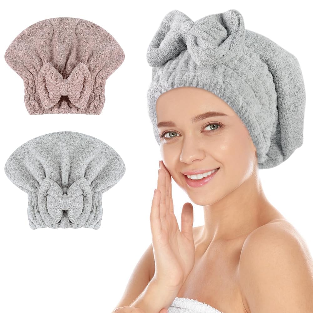 SUNLAND Large Microfiber Hair Drying Caps with Bow knot Fast Drying Shower Cap Soft and Absorbent hairWrap Hair Turban Bath Caps for Curly Thick and wet Hair 11 X 13.4 inch 2 Pack Multicolor