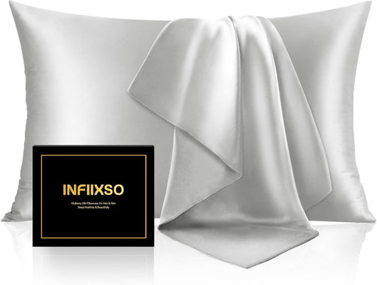 INFIIXSO Mulberry Silk Pillowcase for Hair and Skin, Silk Pillow Cases Queen Size Set of 2 with Hidden Zipper 20x30 Inches, Ultra Soft Cooling Pillow Cases for Hot Sleepers(Light Grey, 2 Pack)
