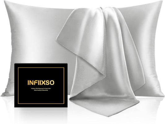 INFIIXSO Mulberry Silk Pillowcase for Hair and Skin, Silk Pillow Cases Queen Size with Hidden Zipper 20x30 Inches, Ultra Smooth and Soft Cooling Pillow Cases for Hot Sleepers(Light Grey, 1 Pack)