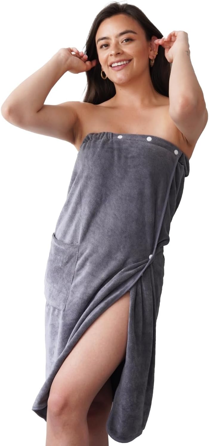 Efforest Towel Wrap For Women, Lightweight Quick Dry Wrap Towel Full Length - Adjustable Beach & Pool Bathrobe with Pocket, Grey-S/M.